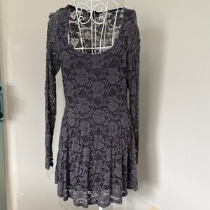 Long-Sleeve Lace Scoop Neck Skater Dress - Charcoal